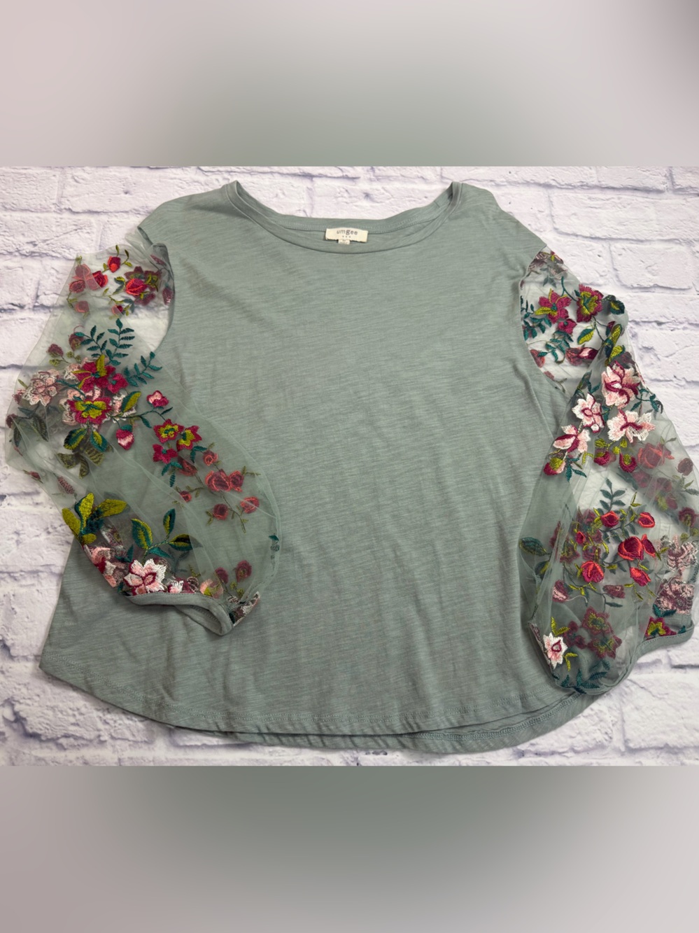 Easel Sage Green Floral Embroidered Sheer Long Sleeve Top. Size M.